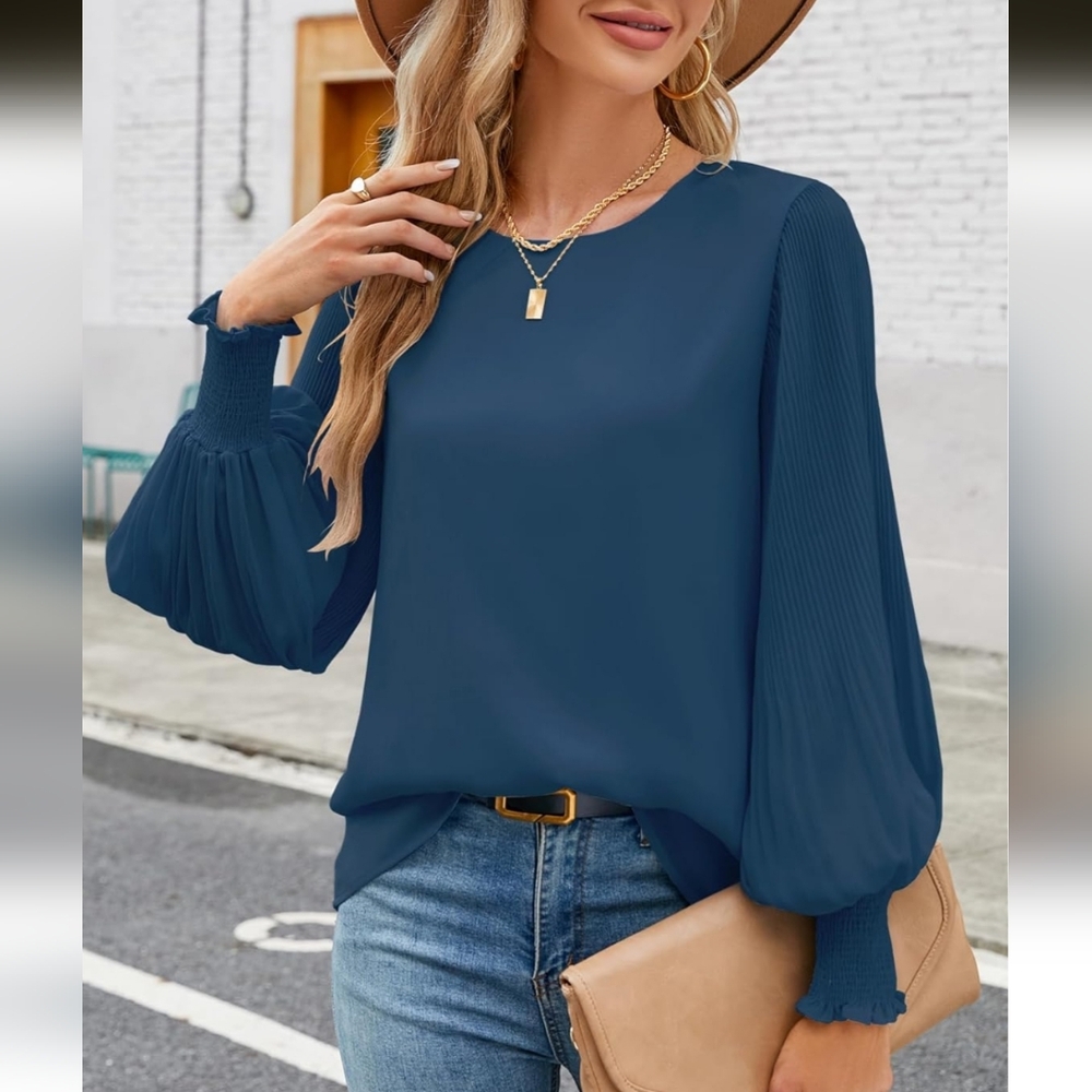 💫Aifer Dressy Casual Crew Neck Pleated Lantern Long Sleeve Blouse💫